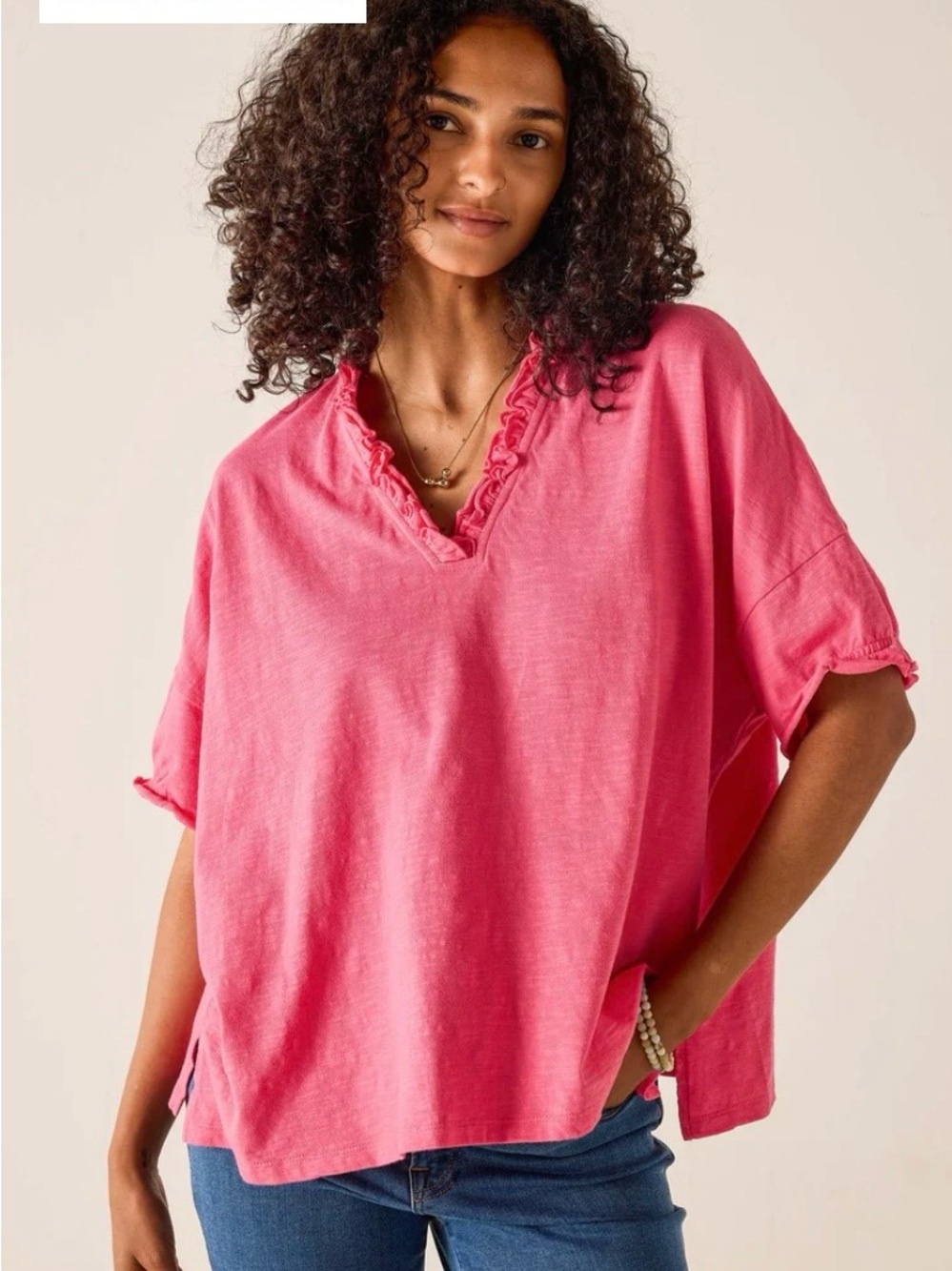 Mersea Ruffle V-Neck Short Sleeve Tee in Hot Pink